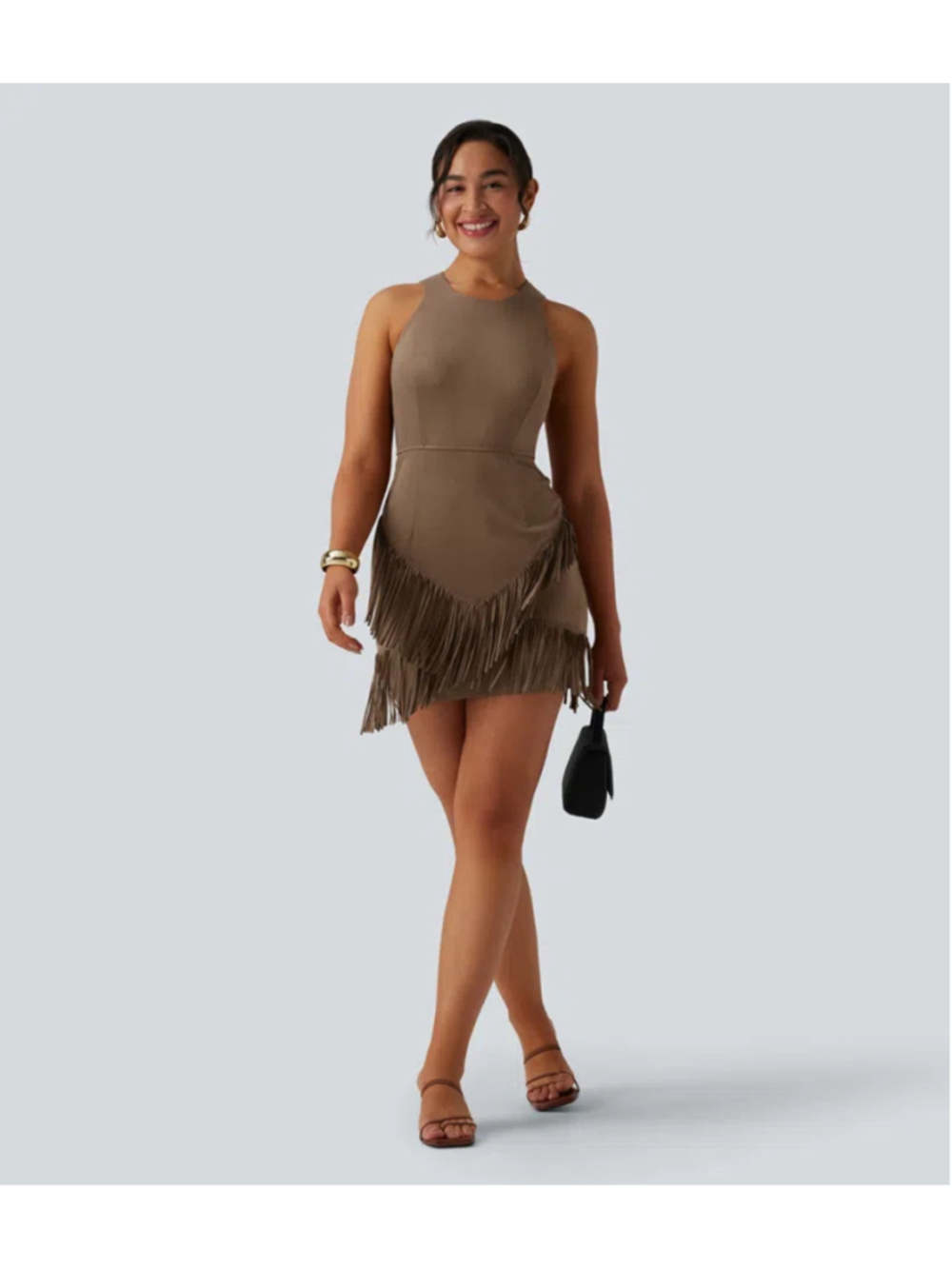 Halara Round Neck Sleeveless Fringe Bodycon Suede-Like Brown Mini Dress Size XL